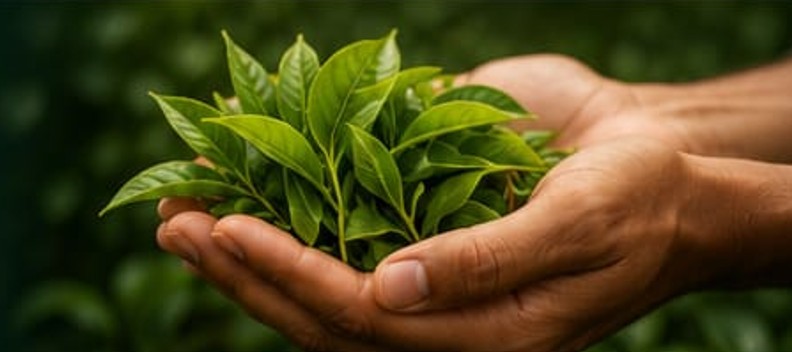 Hands holding fresh tea leaves